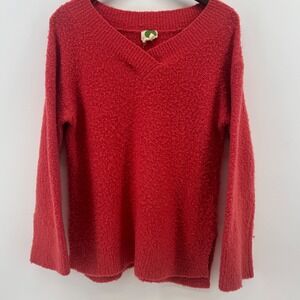 Anthropologie Red Boucle V-Neck Sweater Women Small Long Sleeve Side Slits